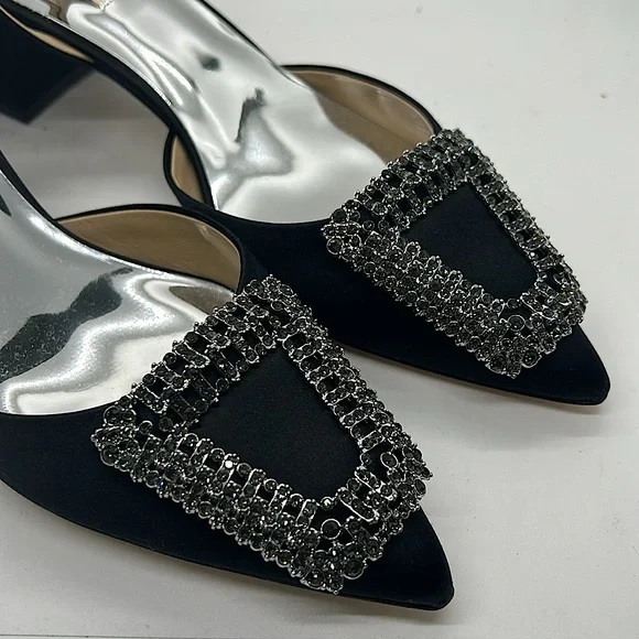 Badgley Mischka NIB “Emmie” Black Satin Crystal Buckle Slingback Sandals *Sz 9* - Picture 3 of 9